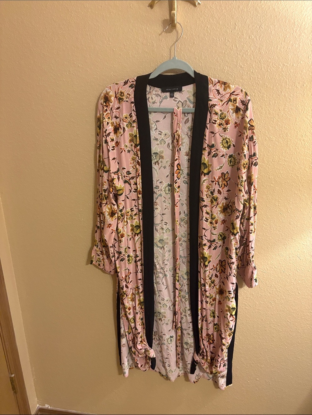 Sanctuary Pink Floral Satin Kimono with Black Trim